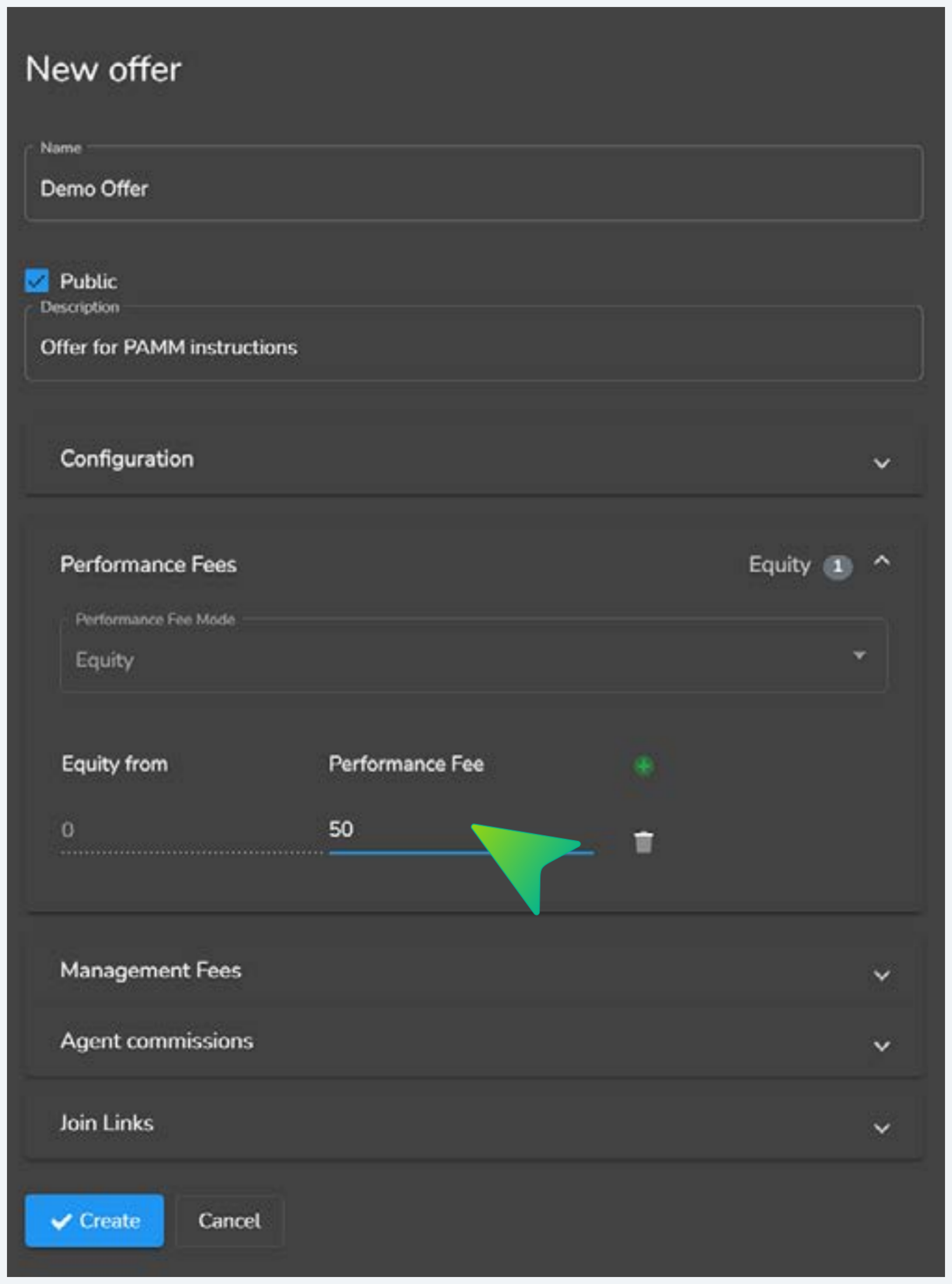 Performance Fees section Equity mode